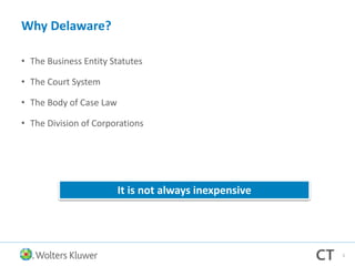 Why Delaware?
• The Business Entity Statutes
• The Court System
• The Body of Case Law
• The Division of Corporations
It is not always inexpensive
5
 