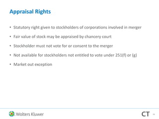 Appraisal Rights
• Statutory right given to stockholders of corporations involved in merger
• Fair value of stock may be appraised by chancery court
• Stockholder must not vote for or consent to the merger
• Not available for stockholders not entitled to vote under 251(f) or (g)
• Market out exception
66
 