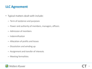 LLC Agreement
• Typical matters dealt with include:
– Term of existence and purposes
– Power and authority of members, managers, officers
– Admission of members
– Indemnification
– Allocation of profits and losses
– Dissolution and winding up
– Assignment and transfer of interests
– Meeting formalities
79
 
