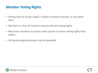 Member Voting Rights
• Voting may be on per capita, number, financial interest, or any other
basis
• Member or class of members may be denied voting rights
• May have members or classes with greater or lesser voting rights than
others
• Voting by separate groups may be provided
85
 
