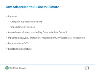 Law Adaptable to Business Climate
• Impetus
– Change in business environment
– Unpopular court decision
• Annual amendments drafted by Corporate Law Council
• Input from lawyers, professors, management, investors, etc. nationwide
• Requests from SOS
• Enacted by legislature
8
 