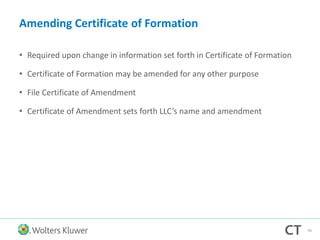 Amending Certificate of Formation
• Required upon change in information set forth in Certificate of Formation
• Certificate of Formation may be amended for any other purpose
• File Certificate of Amendment
• Certificate of Amendment sets forth LLC’s name and amendment
96
 