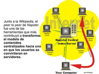 Junto a la  Wikipedia , el  peer to peer  de  Napster  fue una de las herramientas que más contribuyó a  transformar el modelo de contenidos centralizados hacia uno en que los usuarios se convirtieran en servidores.   