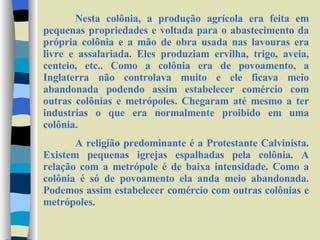 Nesta colônia, a produção agrícola era feita em pequenas propriedades e voltada para o abastecimento da própria colônia e a mão de obra usada nas lavouras era livre e assalariada. Eles produziam ervilha, trigo, aveia, centeio, etc.. Como a colônia era de povoamento, a Inglaterra não controlava muito e ele ficava meio abandonada podendo assim estabelecer comércio com outras colônias e metrópoles. Chegaram até mesmo a ter industrias o que era normalmente proibido em uma colônia. A religião predominante é a Protestante Calvinista. Existem pequenas igrejas espalhadas pela colônia. A relação com a metrópole é de baixa intensidade. Como a colônia é só de povoamento ela anda meio abandonada. Podemos assim estabelecer comércio com outras colônias e metrópoles. 