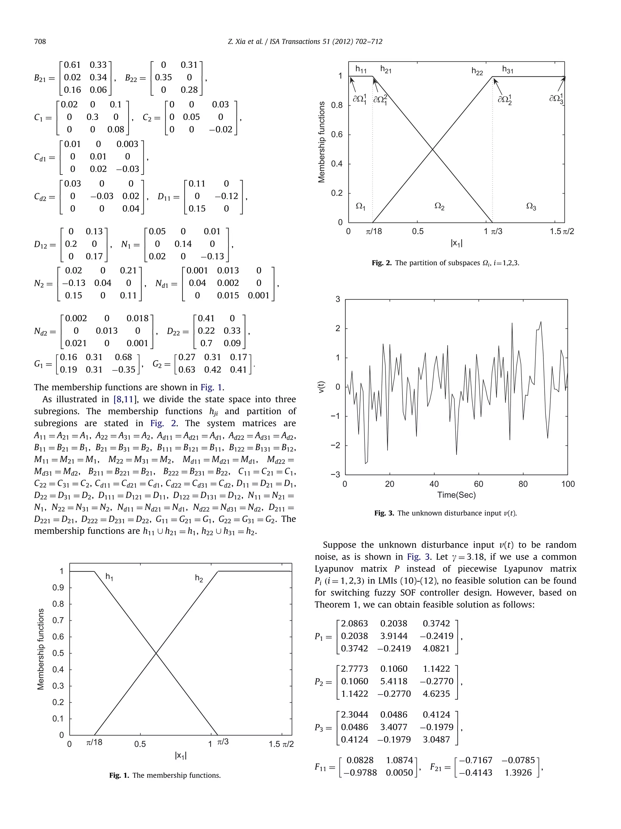 708 Z. Xia et al. / ISA Transactions 51 (2012) 702–712 0:61 0:33 3 2 0 0:31 3 6 7 6 0 7 B21 ¼ 4 0:02 0:34 5, B22 ¼ 4 0:35 5, 0:16 0:06 0 0:28 2 3 2 3 0:02 0 0:1 0 0 0:03 6 0 7 6 0 0:05 0:3 0 5, C 2 ¼ 4 0 7, C1 ¼ 4 5 0 0 0:08 0 0 À0:02 2 3 0:01 0 0:003 6 0:01 0 7 C d1 ¼ 4 0 5, 0:02 2 0:03 6 C d2 ¼ 4 0 0 2 0 À0:03 0 0 À0:03 0 0:13 3 3 2 0:11 6 D11 ¼ 4 0 0:15 0:02 7, 5 0:04 2 0:05 0 3 0 À0:12 7, 5 0:01 6 Nd2 ¼ 4 G1 ¼ 0:002 0 0 0:013 0:021 0 0:16 0:31 0:19 0:31 3 0:018 0 7 5, 2 0:41 6 D22 ¼ 4 0:22 0:7 0:001 ! 0:68 0:27 , G2 ¼ À0:35 0:63 h1 Membership functions 0.6 0.4 Ω2 Ω1 0 3 0 π/18 0 0:001 3 3 0 0:33 7 5, 2 0:09 0:31 0:17 0:42 0:41 ! : 1 0 −1 −2 −3 0 20 80 100 Suppose the unknown disturbance input v(t) to be random noise, as is shown in Fig. 3. Let g ¼ 3:18, if we use a common Lyapunov matrix P instead of piecewise Lyapunov matrix Pi ði ¼ 1; 2,3Þ in LMIs (10)-(12), no feasible solution can be found for switching fuzzy SOF controller design. However, based on Theorem 1, we can obtain feasible solution as follows: 2:0863 6 0:2038 P1 ¼ 4 0:3742 0.6 0.5 0:2038 3:9144 2:7773 6 P2 ¼ 4 0:1060 1:1422 0.3 0.2 1 π/3 1.5 π/2 2:3044 6 P3 ¼ 4 0:0486 0:4124 |x1| F 11 ¼ Fig. 1. The membership functions. 3 À0:2419 7 5, 4:0821 0:1060 1:1422 5:4118 3 À0:2770 7, 5 À0:2770 4:6235 0:0486 0:4124 2 0.1 0:3742 À0:2419 2 0.4 0.5 40 60 Time(Sec) Fig. 3. The unknown disturbance input v(t). 2 π/18 1.5 π/2 7 5, 0.7 0 1 π/3 0.5 Fig. 2. The partition of subspaces Oi , i ¼1,2,3. 3 0 0.8 0 Ω3 |x1| h2 0.9 ∂Ω1 3 ∂Ω1 2 0.2 The membership functions are shown in Fig. 1. As illustrated in [8,11], we divide the state space into three subregions. The membership functions hji and partition of subregions are stated in Fig. 2. The system matrices are A11 ¼ A21 ¼ A1 , A22 ¼ A31 ¼ A2 , Ad11 ¼ Ad21 ¼ Ad1 , Ad22 ¼ Ad31 ¼ Ad2 , B11 ¼ B21 ¼ B1 , B21 ¼ B31 ¼ B2 , B111 ¼ B121 ¼ B11 , B122 ¼ B131 ¼ B12 , M 11 ¼ M 21 ¼ M1 , M 22 ¼ M 31 ¼ M2 , M d11 ¼ M d21 ¼ Md1 , Md22 ¼ M d31 ¼ Md2 , B211 ¼ B221 ¼ B21 , B222 ¼ B231 ¼ B22 , C 11 ¼ C 21 ¼ C 1 , C 22 ¼ C 31 ¼ C 2 , C d11 ¼ C d21 ¼ C d1 , C d22 ¼ C d31 ¼ C d2 , D11 ¼ D21 ¼ D1 , D22 ¼ D31 ¼ D2 , D111 ¼ D121 ¼ D11 , D122 ¼ D131 ¼ D12 , N 11 ¼ N 21 ¼ N1 , N 22 ¼ N 31 ¼ N 2 , Nd11 ¼ N d21 ¼ Nd1 , Nd22 ¼ Nd31 ¼ N d2 , D211 ¼ D221 ¼ D21 , D222 ¼ D231 ¼ D22 , G11 ¼ G21 ¼ G1 , G22 ¼ G31 ¼ G2 . The membership functions are h11 [ h21 ¼ h1 , h22 [ h31 ¼ h2 . 1 h31 h22 ∂Ω1 ∂Ω2 1 1 0.8 0 6 0 7 N1 ¼ 6 0 0:14 0 7 D12 ¼ 4 0:2 5, 4 5, 0 0:17 0:02 0 À0:13 2 3 2 0:02 0 0:21 0:001 0:013 6 0 7, Nd1 ¼ 6 0:04 0:002 N2 ¼ 4 À0:13 0:04 5 4 0:15 0 0:11 0 0:015 2 Membership functions 0 h21 h11 1 v(t) 2 3:4077 À0:1979 0:0828 À0:9788 3 7 À0:1979 5, 3:0487 ! 1:0874 , 0:0050 F 21 ¼ À0:7167 À0:4143 ! À0:0785 , 1:3926 