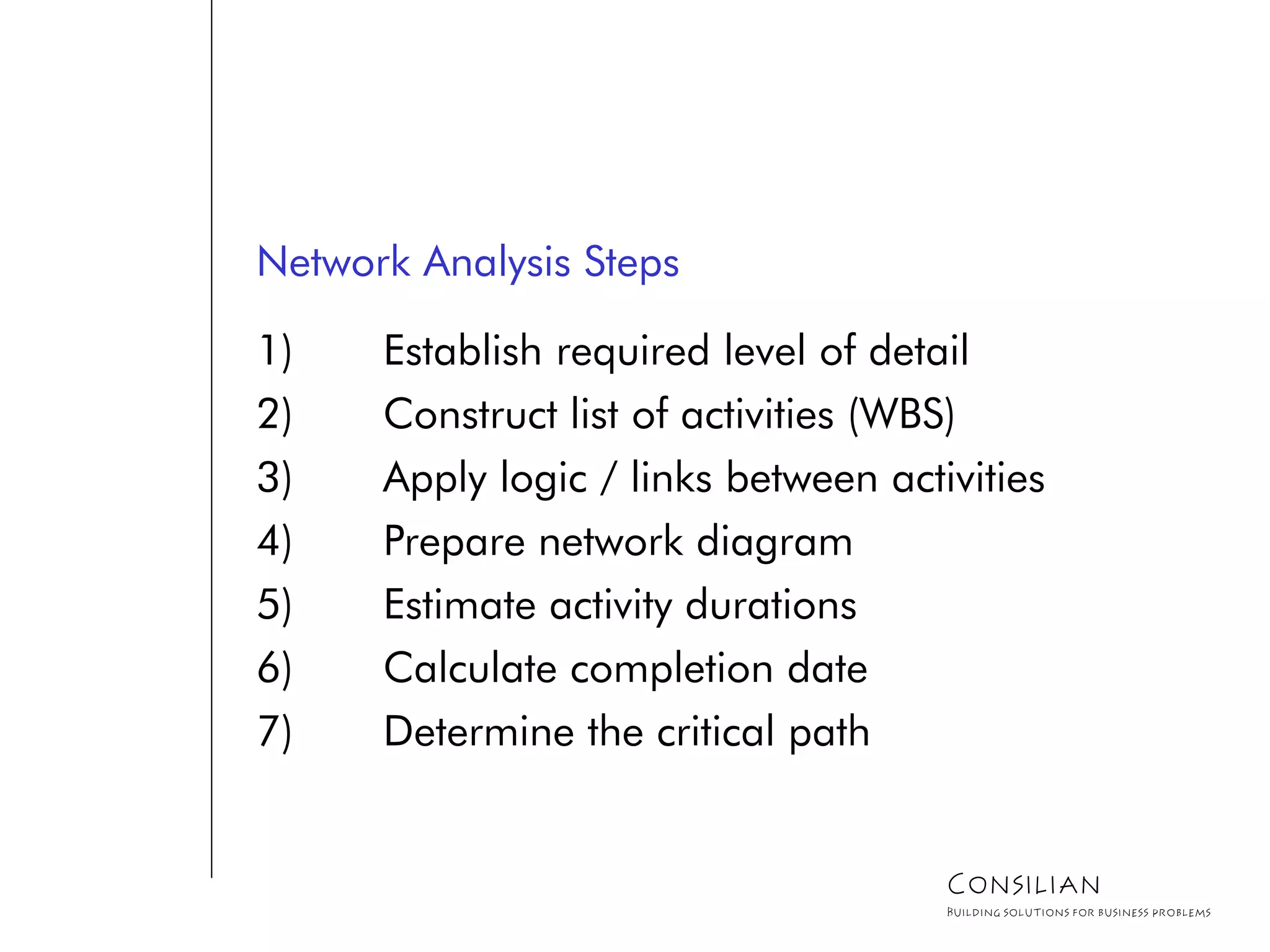 Network Analysis Steps
1) Establish required level of detail
2) Construct list of activities (WBS)
3) Apply logic / links between activities
4) Prepare network diagram
5) Estimate activity durations
6) Calculate completion date
7) Determine the critical path
Consilian
Building solutions for business problems
 