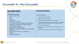 10
Excusable Vs. Non-Excusable
Training : Construction Schedule Delays and Delay Impact Analysis Techniques.
Al Muhaidib Contracting Co.
Excusable Delays
Generally caused by:
• General labour strikes.
• Fires.
• Floods.
• Acts of God.
• Owner-directed changes.
• Errors and omissions in the plans and specifications.
• Differing site conditions or concealed conditions.
• Unusually severe weather.
• Intervention by outside agencies.
• Lack of action by government bodies, such as building
inspection.
• Illness or death of one or more contractors.
• Epidemics
• Quarantine restrictions.
Non-Excusable Delays
Generally caused by:
• Late performance of subcontractors.
• Untimely performance by suppliers.
• Faulty workmanship by the contractor or subcontractors.
• A project-specific labour strike caused by the contractor's unwillingness
to meet with labour representatives or by unfair labour practices.
• Contractor cash-flow problems.
• Accidents on the site caused by the contractor's negligence or lack of
preparations.
• Late delivery of the contractor's furnished materials and equipment.
 