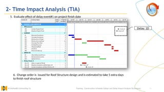31
2- Time Impact Analysis (TIA)
Training : Construction Schedule Delays and Delay Impact Analysis Techniques.
Al Muhaidib Contracting Co.
5. Evaluate effect of delay event#1 on project finish date
Delay: 1D
6. Change order is issued for Roof Structure design and is estimated to take 5 extra days
to finish roof structure
 