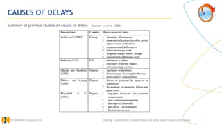 5
CAUSES OF DELAYS
Summary of previous studies on causes of delays (Source: Lo at el . 2006)
Training : Construction Schedule Delays and Delay Impact Analysis Techniques.
Al Muhaidib Contracting Co.
 