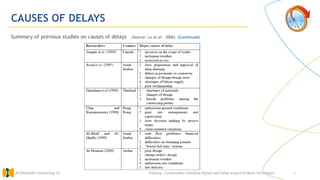 6
CAUSES OF DELAYS
Summary of previous studies on causes of delays (Source: Lo at el . 2006) (Continued)
Training : Construction Schedule Delays and Delay Impact Analysis Techniques.
Al Muhaidib Contracting Co.
 