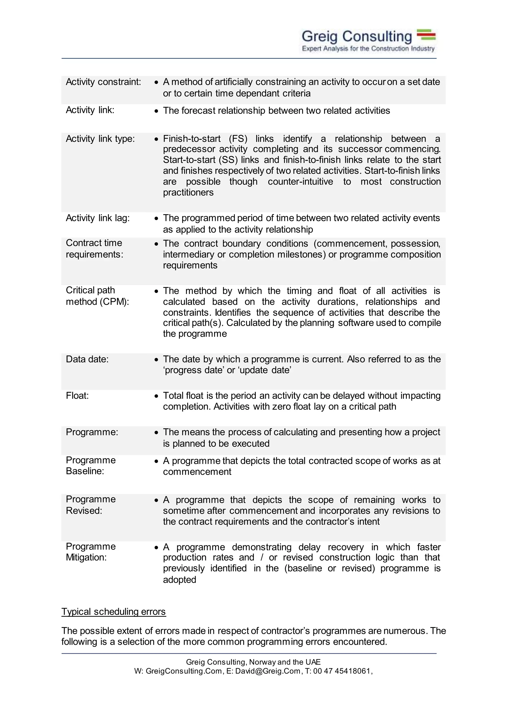 Greig Consulting, Norway and the UAE
W: GreigConsulting.Com, E: David@Greig.Com, T: 00 47 45418061,
Activity constraint:  A method of artificially constraining an activity to occuron a set date
or to certain time dependant criteria
Activity link:  The forecast relationship between two related activities
Activity link type:  Finish-to-start (FS) links identify a relationship between a
predecessor activity completing and its successor commencing.
Start-to-start (SS) links and finish-to-finish links relate to the start
and finishes respectively of two related activities. Start-to-finish links
are possible though counter-intuitive to most construction
practitioners
Activity link lag:  The programmed period of time between two related activity events
as applied to the activity relationship
Contract time
requirements:
 The contract boundary conditions (commencement, possession,
intermediary or completion milestones) or programme composition
requirements
Critical path
method (CPM):
 The method by which the timing and float of all activities is
calculated based on the activity durations, relationships and
constraints. Identifies the sequence of activities that describe the
critical path(s). Calculated by the planning software used to compile
the programme
Data date:  The date by which a programme is current. Also referred to as the
‘progress date’ or ‘update date’
Float:  Total float is the period an activity can be delayed without impacting
completion. Activities with zero float lay on a critical path
Programme:  The means the process of calculating and presenting how a project
is planned to be executed
Programme
Baseline:
 A programme that depicts the total contracted scope of works as at
commencement
Programme
Revised:
 A programme that depicts the scope of remaining works to
sometime after commencement and incorporates any revisions to
the contract requirements and the contractor’s intent
Programme
Mitigation:
 A programme demonstrating delay recovery in which faster
production rates and / or revised construction logic than that
previously identified in the (baseline or revised) programme is
adopted
Typical scheduling errors
The possible extent of errors made in respect of contractor’s programmes are numerous. The
following is a selection of the more common programming errors encountered.
 