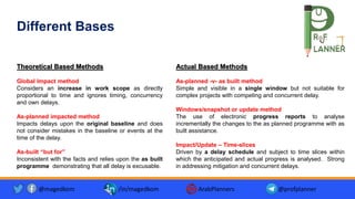 Theoretical Based Methods
Global Impact method
Considers an increase in work scope as directly
proportional to time and ignores timing, concurrency
and own delays.
As-planned impacted method
Impacts delays upon the original baseline and does
not consider mistakes in the baseline or events at the
time of the delay.
As-built “but for”
Inconsistent with the facts and relies upon the as built
programme demonstrating that all delay is excusable.
@magedkom /in/magedkom ArabPlanners @profplanner
Actual Based Methods
As-planned -v- as built method
Simple and visible in a single window but not suitable for
complex projects with competing and concurrent delay.
Windows/snapshot or update method
The use of electronic progress reports to analyse
incrementally the changes to the as planned programme with as
built assistance.
Impact/Update – Time-slices
Driven by a delay schedule and subject to time slices within
which the anticipated and actual progress is analysed. Strong
in addressing mitigation and concurrent delays.
Different Bases
 