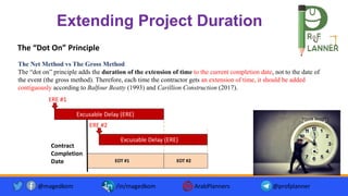 Extending Project Duration
The “Dot On” Principle
The Net Method vs The Gross Method
The “dot on” principle adds the duration of the extension of time to the current completion date, not to the date of
the event (the gross method). Therefore, each time the contractor gets an extension of time, it should be added
contiguously according to Balfour Beatty (1993) and Carillion Construction (2017).
@magedkom /in/magedkom ArabPlanners @profplanner
Excusable Delay (ERE)
ERE #1
EOT #1
Contract
Completion
Date
Excusable Delay (ERE)
ERE #2
EOT #2
 