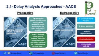 2.1- Delay Analysis Approaches - AACE
Prospective Retrospective
Insert a modeled
fragnet into the
schedule, then check
logic and duration,
and finally recalculate
the CPM to measure
the time impact.
The appropriate
update schedule is the
most recently
reviewed schedule
update before the
event (unimpacted
schedule).
1. Classification and
Principles
2. Source Validation
3. Method
Implementation
4. Analysis Evaluation
5. CHOOSING A
METHOD
@magedkom /in/magedkom ArabPlanners @profplanner
 