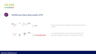 Ahmed Abdelazeem
Ahmed Abdelazeem
NLDM
2 NLDM (non-linear delay model, LUT)
* An important assumption is: Only one input is switching at a time.
Multi-input simultaneous switching is too complex for STA engine.
C load: Single capacitance model depends only on rise/fall min/max arc
condition
 