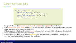 Ahmed Abdelazeem
Ahmed Abdelazeem
Library: Wire Load Table
wire_load_table (name) {
fanout_length(fanout, length);
fanout_capacitance(fanout, capacitance);
fanout_resistance(fanout, resistance);
fanout_area(fanout, area);
...
}
• It is practical to set the default_wire_load_mode to enclosed or segmented instead of top.
• If the default_wire_load_mode is set to top, all nets in both the top design and subblocks use the wire load
model selected from the area of the top design.
• If the default_wire_load_mode is set to enclosed, the nets fully enclosed within a design use the wire load
model selected from the area of that subdesign.
• If the default_wire_load_mode is set to segmented, the nets partially enclosed within a design use the
wire load model selected from the area of that subdesign.
 