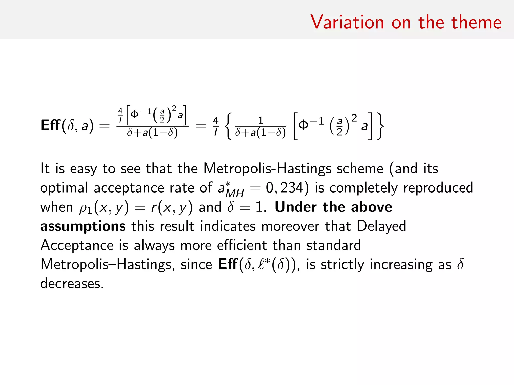 Illustrations
Jeﬀreys for mixtures:
• numerical integration for each term in Fisher information
matrix
• split between likelihood (cheap) and prior (expensive) unstable
• saving 5% of the sample for second step
• MH and DA optimised via acceptance rate
• actual averaged gain ( ESSDA/ESSMH
timeDA/timeMH
) of 9.58
Algorithm ESS (aver.) ESJD (aver.) time (aver.)
MH 1575.963 0.226 513.95
MH + DA 628.767 0.215 42.22
 