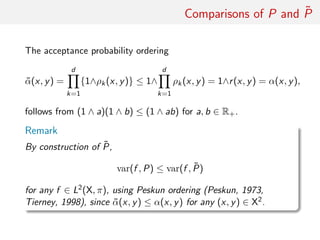 Comparisons of P and ˜P
The acceptance probability ordering
˜α(x, y) =
d
k=1
{1∧ρk(x, y)} ≤ 1∧
d
k=1
ρk(x, y) = 1∧r(x, y) = α(x, y),
follows from (1 ∧ a)(1 ∧ b) ≤ (1 ∧ ab) for a, b ∈ R+.
Remark
By construction of ˜P,
var(f , P) ≤ var(f , ˜P)
for any f ∈ L2(X, π), using Peskun ordering (Peskun, 1973,
Tierney, 1998), since ˜α(x, y) ≤ α(x, y) for any (x, y) ∈ X2.
 