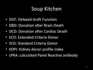 Soup Kitchen 
• DGF: Delayed Graft Function 
• DBD: Donation after Brain Death 
• DCD: Donation after Cardiac Death 
• ECD: Extended Criteria Donor 
• SCD: Standard Criteria Donor 
• KDPI: Kidney donor profile index 
• cPRA: calculated Panel Reactive antibody 
10 
 