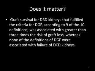 Does it matter? 
• Graft survival for DBD kidneys that fulfilled 
the criteria for DGF, according to 9 of the 10 
definitions, was associated with greater than 
three times the risk of graft loss, whereas 
none of the definitions of DGF were 
associated with failure of DCD kidneys 
14 
 