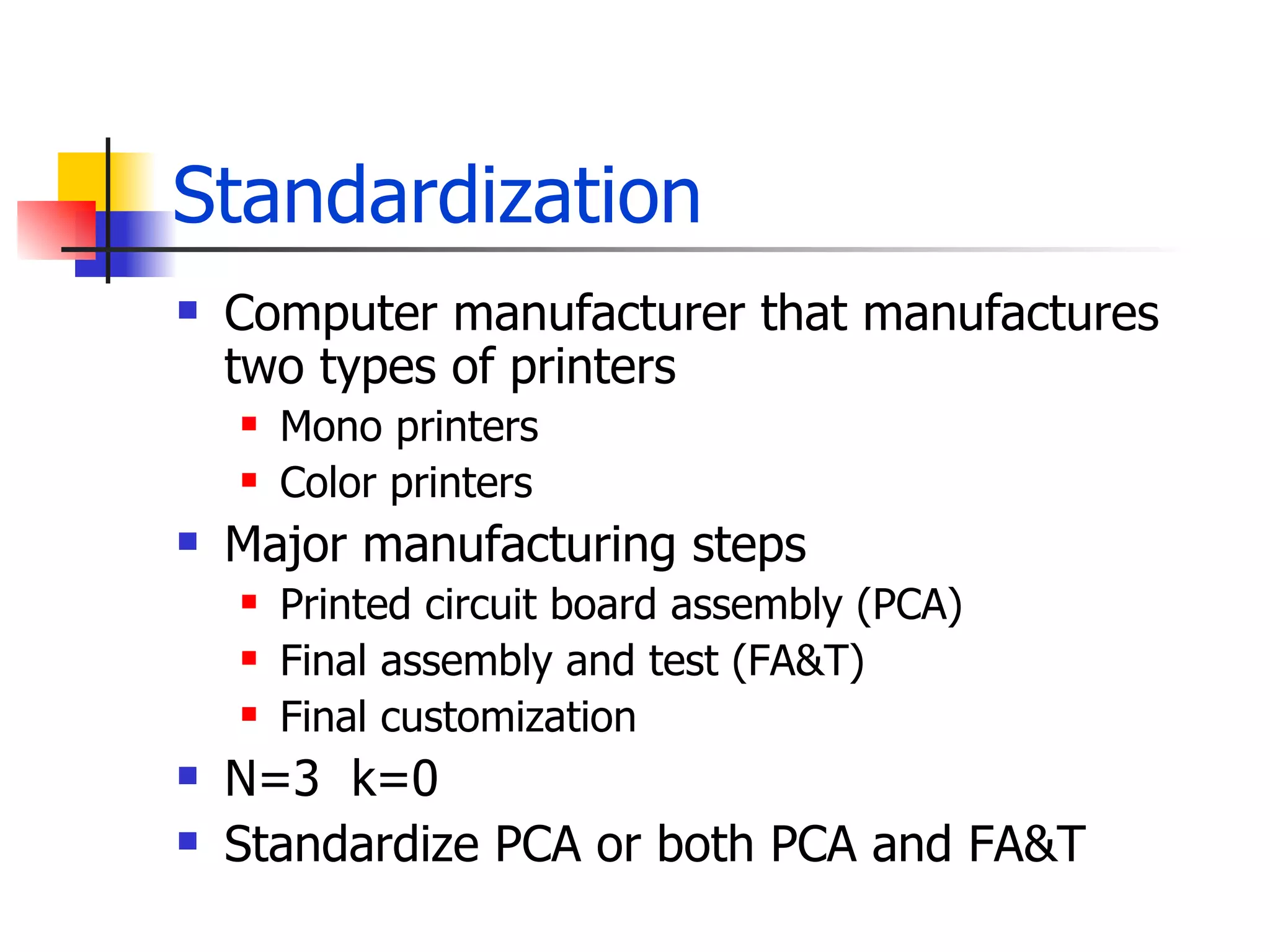Standardization Computer manufacturer that manufactures two types of printers Mono printers Color printers Major manufacturing steps Printed circuit board assembly (PCA) Final assembly and test (FA&T) Final customization N=3  k=0 Standardize PCA or both PCA and FA&T 