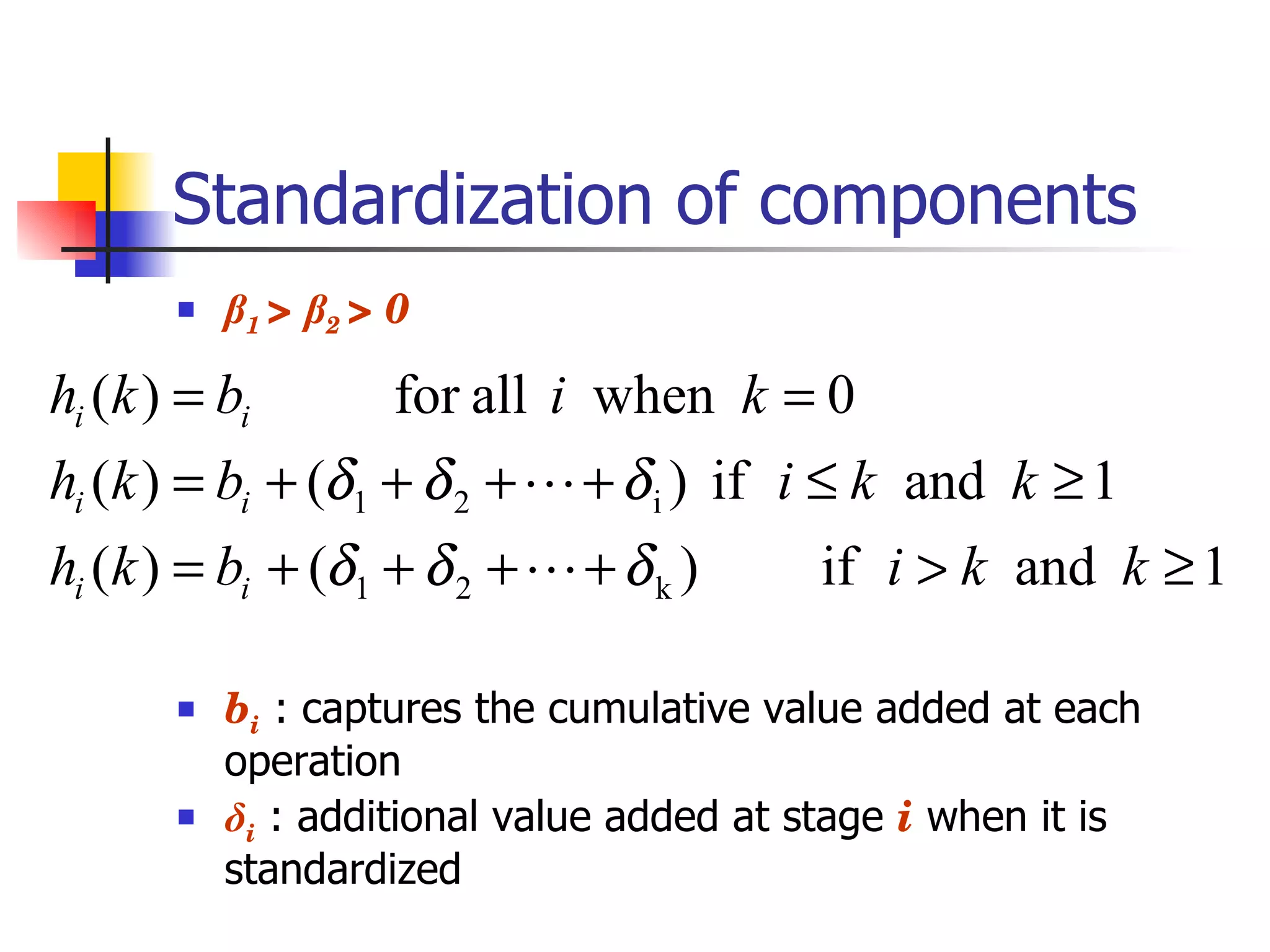Standardization of components β 1  >  β 2  > 0 b i   : captures the cumulative value added at each operation δ i  : additional value added at stage  i  when it is standardized 