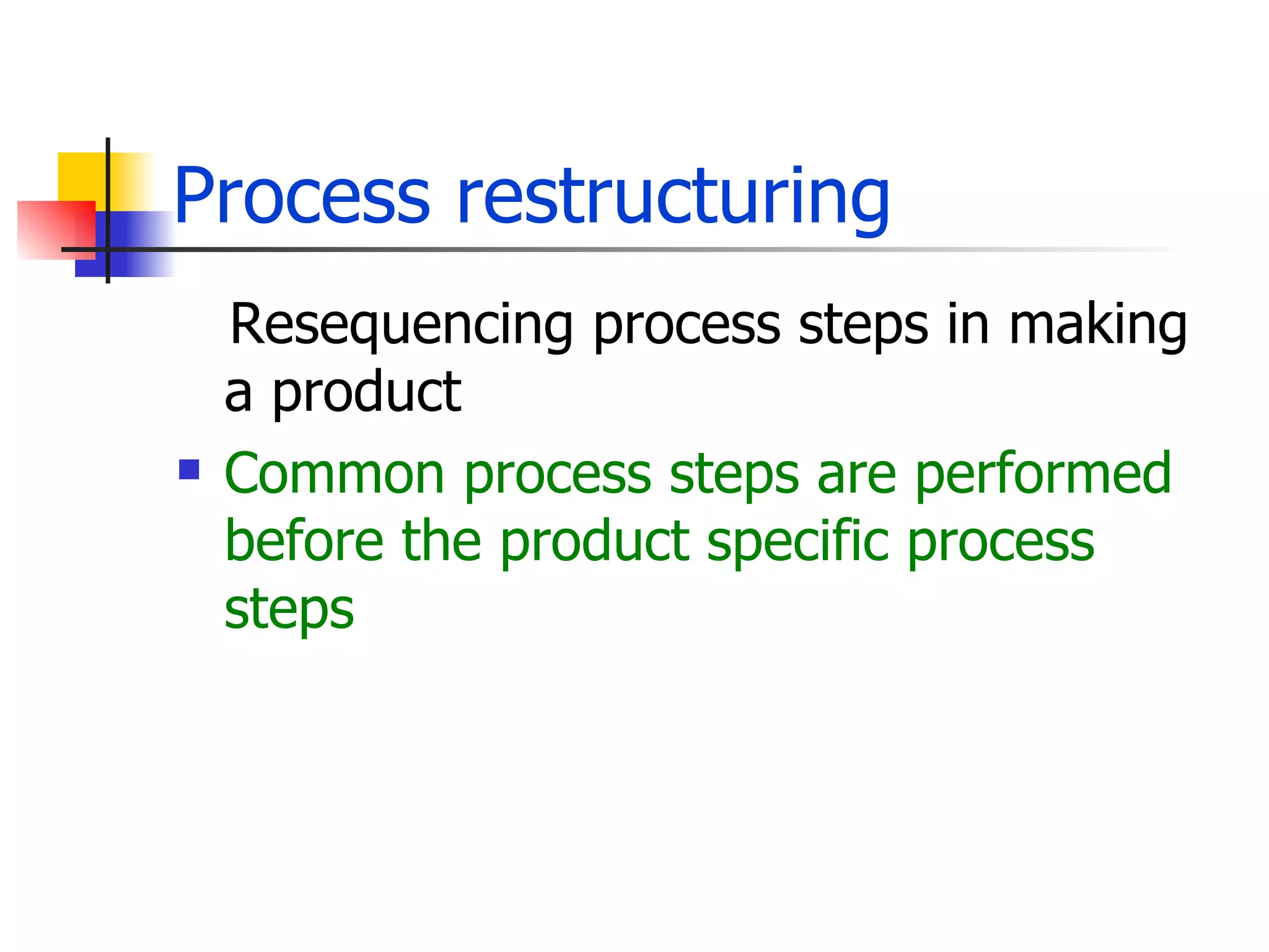 Process restructuring Resequencing process steps in making a product Common process steps are performed before the product specific process steps 
