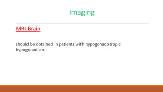 Imaging
MRI Brain
should be obtained in patients with hypogonadotropic
hypogonadism.
 