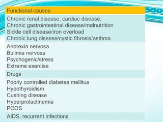 Functional causes
Chronic renal disease, cardiac disease,
Chronic gastrointestinal disease/malnutrition
Sickle cell disease/iron overload
Chronic lung disease/cystic fibrosis/asthma
Anorexia nervosa
Bulimia nervosa
Psychogenic/stress
Extreme exercise
Drugs
Poorly controlled diabetes mellitus
Hypothyroidism
Cushing disease
Hyperprolactinemia
PCOS
AIDS, recurrent infections
 