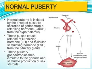 • Normal puberty is initiated
by the onset of pulsatile
secretion of gonadotropin-
releasing hormone (GnRH)
from the hypothalamus.
• These pulses cause
release of luteinizing
hormone (LH) and follicular
stimulating hormone (FSH)
from the pituitary gland.
• These pituitary
gonadotropins then
circulate to the gonads and
stimulate production of sex
steroids.
 