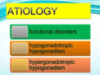 functional disorders
hypogonadotropic
hypogonadism
hypergonadotropic
hypogonadism
 