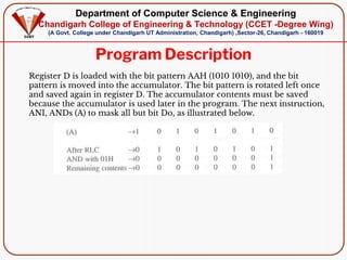 Department of Computer Science & Engineering
Chandigarh College of Engineering & Technology (CCET -Degree Wing)
(A Govt. College under Chandigarh UT Administration, Chandigarh) ,Sector-26, Chandigarh - 160019
Program Description
Register D is loaded with the bit pattern AAH (1010 1010), and the bit
pattern is moved into the accumulator. The bit pattern is rotated left once
and saved again in register D. The accumulator contents must be saved
because the accumulator is used later in the program. The next instruction,
ANI, ANDs (A) to mask all but bit Do, as illustrated below.
 