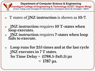 Department of Computer Science & Engineering
Chandigarh College of Engineering & Technology (CCET -Degree Wing)
(A Govt. College under Chandigarh UT Administration, Chandigarh) ,Sector-26, Chandigarh - 160019
⚫ T states of JNZ instruction is shown as 10/7.
⚫ JNZ instruction requires 10 T-states when
loop executes.
⚫ JNZ instruction requires 7-states when loop
fails to execute.
⚫ Loop runs for 255 times and at the last cycle
JNZ executes in 7 T states.
So Time Delay = (1788.5-3x0.5) µs
= 1787 µs.
 