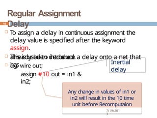 Regular Assignment
Delay
 T
o assign a delay in continuous assignment the
delay value is specified after the keyword
assign.
 This is used to introduce a delay onto a net that
has
already been declared.
 e.g. wire out;
assign #10 out = in1 &
in2;
7/19/201
3
16
Any change in values of in1 or
in2 will result in the 10 time
unit before Recomputaion
Inertial
delay
 