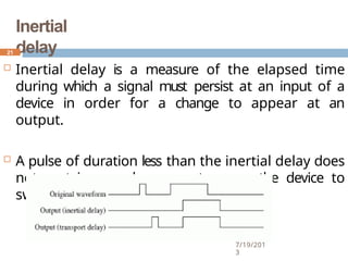 Inertial
delay
 Inertial delay is a measure of the elapsed time
during which a signal must persist at an input of a
device in order for a change to appear at an
output.
 A pulse of duration less than the inertial delay does
not contain enough energy to cause the device to
switch.
21
7/19/201
3
 