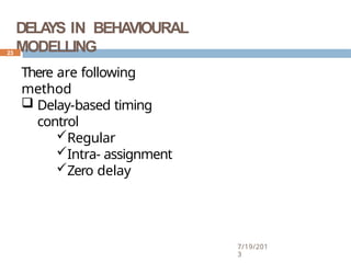 DELA
YS IN BEHAVIOURAL
MODELLING
7/19/201
3
23
There are following
method
 Delay-based timing
control
Regular
Intra- assignment
Zero delay
 
