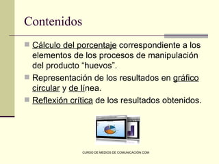 Contenidos
 Cálculo del porcentaje correspondiente a los
  elementos de los procesos de manipulación
  del producto “huevos”.
 Representación de los resultados en gráfico
  circular y de línea.
 Reflexión crítica de los resultados obtenidos.




               CURSO DE MEDIOS DE COMUNICACIÓN COMO RECURSO DIDÁCTICO
 