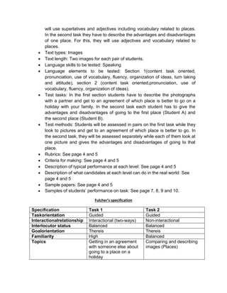 will use superlatives and adjectives including vocabulary related to places.
In the second task they have to describe the advantages and disadvantages
of one place. For this, they will use adjectives and vocabulary related to
places.
 Text types: Images
 Text length: Two images for each pair of students.
 Language skills to be tested: Speaking
 Language elements to be tested: Section 1(content task oriented,
pronunciation, use of vocabulary, fluency, organization of ideas, turn taking
and attitude), section 2 (content task oriented,pronunciation, use of
vocabulary, fluency, organization of ideas).
 Test tasks: In the first section students have to describe the photographs
with a partner and get to an agreement of which place is better to go on a
holiday with your family. In the second task each student has to give the
advantages and disadvantages of going to the first place (Student A) and
the second place (Student B).
 Test methods: Students will be assessed in pairs on the first task while they
look to pictures and get to an agreement of which place is better to go. In
the second task, they will be assessed separately while each of them look at
one picture and gives the advantages and disadvantages of going to that
place.
 Rubrics: See page 4 and 5
 Criteria for making: See page 4 and 5
 Description of typical performance at each level: See page 4 and 5
 Description of what candidates at each level can do in the real world: See
page 4 and 5
 Sample papers: See page 4 and 5
 Samples of students’ performance on task: See page 7, 8, 9 and 10.
Fulcher’s specification
Specification Task 1 Task 2
Taskorientation Guided Guided
Interactionalrelationship Interactional (two-ways) Non-interactional
Interlocutor status Balanced Balanced
Goalorientation Thereis Thereis
Familiarity High Balanced
Topics Getting in an agreement
with someone else about
going to a place on a
holiday
Comparing and describing
images (Places)
 