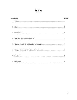 2
Índice
Contenido Pagina
1. Portada………………………………………………………………………………..1
2. Índice…………………………………………………………………………………2
3. Introducción………………………………………………………………………….3
4. ¿Qué es la Educación a Distancia?..............................................................................4
5. Principal Ventaja de la Educación a Distancia………………………………………5
6. Principal Desventaja de la Educación a Distancia…………………………………...6
7. Conclusión……………………………………………………………………………7
8. Bibliografía…………………………………………………………………………..8
 