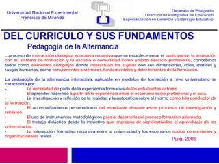 DEL CURRICULO Y SUS FUNDAMENTOS
Pedagogía de la Alternancia
Puig, 2006
….proceso de interacción dialógica educativa recursiva que se establece entre el participante, la institución
con su sistema de formación y la escuela o comunidad como ámbito ejercicio profesional, concebidos
todos como elementos complejos donde interactúan los sujetos con sus dimensiones, roles, matices y
rasgos humanos, como componentes sistémicos, fundamentales y determinantes de la formación.
La pedagogía de la alternancia interactiva, aplicable en modelos de formación a nivel universitario se
caracteriza por:
- La necesidad de partir de la experiencia formativa de los estudiantes actores.
- El aprender haciendo a partir de la experiencia entre el escenario socio profesional y el aula.
- La investigación y reflexión de la realidad y la autocrítica sobre sí mismo como hilo conductor de
la formación.
- El acompañamiento personalizado del estudiante durante estos procesos de investigación y
reflexión.
- El uso de instrumentos metodológicos para el desarrollo del proceso formativo alternado.
- El trabajo didáctico desde lo inductivo que impregna de significatividad el aprendizaje de los
universitarios.
- La interacción formativa recursiva entre la universidad y los escenarios socios comunitarios y
organizacionales reales.
 