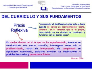 DEL CURRICULO Y SUS FUNDAMENTOS
Praxis
Reflexiva
Bertré, 2014
Es rumiar dentro de si lo que se ha experimentado, tomarlo en
consideración con mucha atención, interrogarse sobre ello y
problematizarlo, tratar de interpretarlo, de comprender su
significado, examinarlo, evaluarlo, estudiar sus implicaciones y
posibles desarrollos y proyectar el futuro.
“comprender el significado de algo solo se logra
cuando se coloca un acontecimiento, hecho,
vivencia en el contexto que le es propio,
insertándolo en un sistema de relaciones y
funciones con las demás cosas”.
 