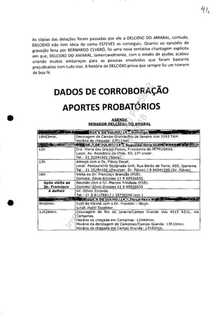 •
•
As c6pias das dela~5es foram passadas por ele a DELCIDIO DO AMARAL, contudo,
DELCIDIO nao tem ideia de como ESTEVES as conseguiu. Quanto ao epis6dio da
grava~ao feita por BERNARDO CEVERO, foi uma nova tentativa chantagem explicita
em que, DELCIDIO DO AMARAL, lamentavelmente, com o intuito de ajudar, acabou
criando muitos embara~os para as pessoas envolvidas que foram bastante
prejudicadas com tudo isso. A hist6ria de DELCIDIO prova que sempre foi um homem
de boa fe.
13h
16h
DADOSDECORROBORA~ÂO
APORTES PROBATDRIOS
AGIiNPA
SENAPOR PElqPlo PO AMARAl
8h30min.
11 In. Deoolagem Voo 4015 AZ
Campinas.
Honrio de chegada em Camplnas: 12h40min.
Honrio da decolagemde Campinas!Campo Grande: 13hlOmln.
via
Impressopor:004.182.951-40Pet5952
Em:15/03/2016-11:25:18
 