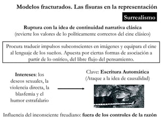 Modelos fracturados. Las fisuras en la representación Surrealismo Ruptura con la idea de continuidad narrativa clásica (revierte los valores de lo políticamente correctos del cine clásico) Procura traducir impulsos subconscientes en imágenes y equipara el cine al lenguaje de los sueños. Apuesta por ciertas formas de asociación a partir de lo onírico, del libre flujo del pensamiento. Influencia del inconsciente freudiano:  fuera de los controles de la razón Clave:  Escritura Automática (Ataque a la idea de causalidad) Intereses : los deseos sexuales, la violencia directa, la blasfemia y el humor estrafalario 