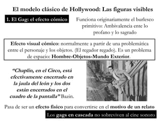 El modelo clásico de Hollywood: Las figuras visibles 1. El Gag: el efecto cómico Funciona originariamente el burlesco primitivo: Ambivalencia ente lo profano y lo sagrado Efecto visual cómico : normalmente a partir de una problemática entre el personaje y los objetos. (El regador regado). Es un problema de espacio:  Hombre-Objetos-Mundo Exterior .  “ Chaplin, en el Circo, está efectivamente encerrado en la jaula del león y los dos están encerrados en el cuadro de la pantalla”  Bazin. Pasa de ser un  efecto físico  para convertirse en el  motivo de un relato Los  gags en cascada  no sobreviven al cine sonoro 