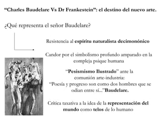 “ Charles Baudelare Vs Dr Frankestein”: el destino del nuevo arte. ¿Qué representa el señor Baudelare? Resistencia al  espíritu naturalista decimonónico Candor por el simbolismo profundo amparado en la compleja psique humana “ Pesismismo Ilustrado ” ante la  comunión arte-industria:  “ Poesía y progreso son como dos hombres que se odian entre sí...” Baudelare. Crítica taxativa a la idea de la  representación del mundo  como  telos  de lo humano 