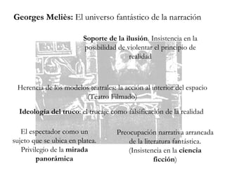 Georges Meliès:  El universo fantástico de la narración Soporte de la ilusión . Insistencia en la posibilidad de violentar el principio de realidad Herencia de los modelos teatrales: la acción al interior del espacio (Teatro Filmado) Ideología del truco : el trucaje como falsificación de la realidad Preocupación narrativa arrancada de la literatura fantástica. (Insistencia en la  ciencia ficción ) El espectador como un sujeto que se ubica en platea. Privilegio de la  mirada panorámica 