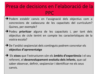 Presa de decisions en l’elaboració de la
                 PPC
 Podem establir canvis en l’assignació dels objectius com a
  concrecions de cadascuna de les capacitats del currículum?
  Quines, per exemple?
 Podeu prioritzar alguna de les capacitats i, per tant dels
  objectius de cicle tenint en compte les característiques de la
  vostra escola?
 De l’anàlisi seqüenciat dels continguts podrem concretar els
  objectius d’aprenentatge
 Els eixos que l’estructuren són els àmbits d’experiència i el seu
 referent, el desenvolupament evolutiu dels infants, que cal
 saber observar, definir, seqüenciar i identificar-ne els seus
 canvis.
 