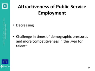A joint initiative of the OECD and the European Union, 
principally financed by the EU 
Attractiveness of Public Service 
Employment 
• Decreasing 
• Challenge in times of demographic pressures 
and more competitiveness in the „war for 
talent“ 
34 
 