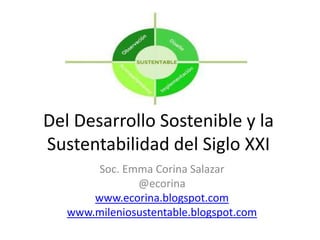 Del Desarrollo Sostenible y la
Sustentabilidad del Siglo XXI
Soc. Emma Corina Salazar
@ecorina
www.ecorina.blogspot.com
www.mileniosustentable.blogspot.com
 
