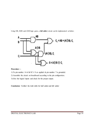 DIGITAL ELECTRONICS LAB Page 19
Using OR, XOR and AND logic gates, a full adder circuit can be implemented as below:
Procedure: -
1) To pin number 14 of all IC’s Vccis applied & pin number 7 is grounded.
2) Assemble the circuit on breadboard according to the pin configuration.
3) Give the logical inputs and check for the proper output.
Conclusion: Verified the truth table for half adder and full adder
 